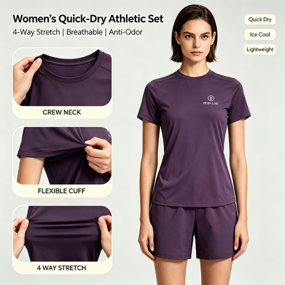 Women's round neck sportswear, antibacterial, quick drying, ice breathable, outdoor sportswear
