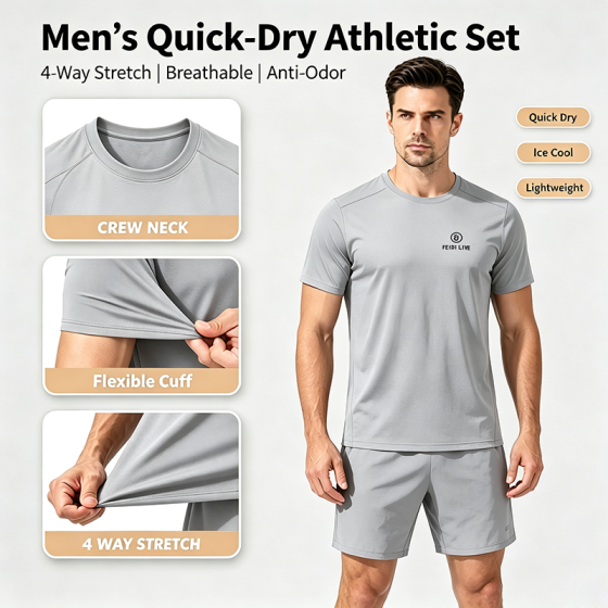 Men's round neck sportswear, antibacterial, quick drying, ice breathable, outdoor sportswear